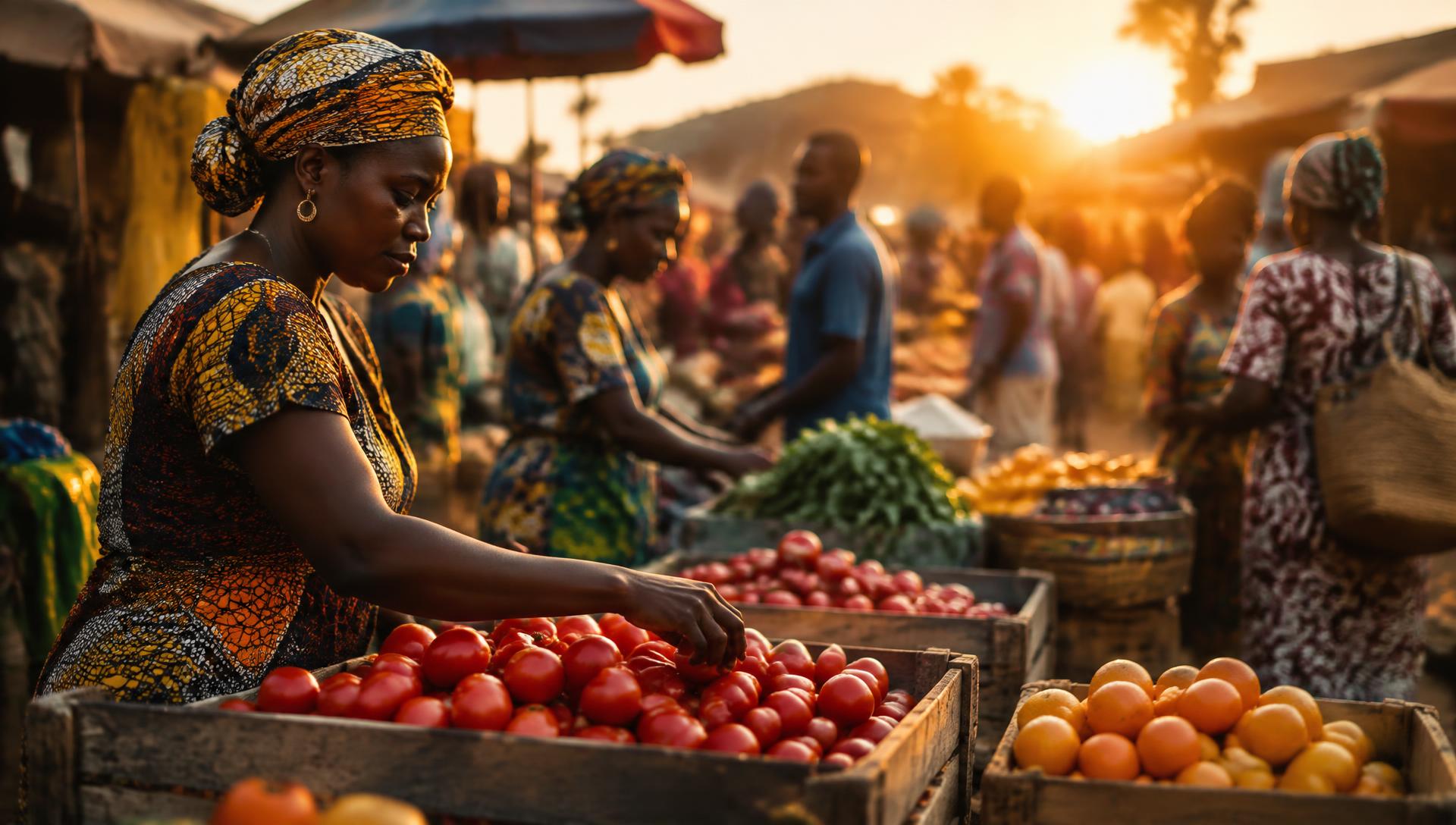 Marché animé au coucher du soleil